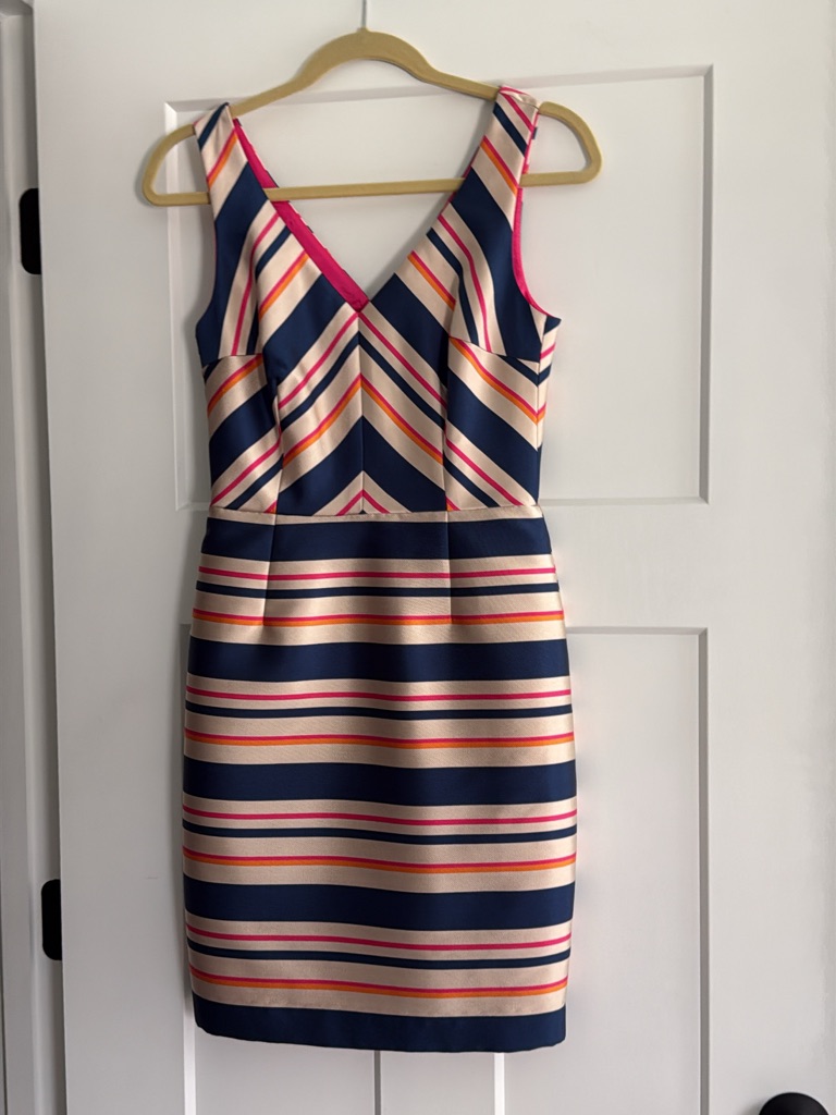 Trina Turk Striped V-Neck Sheath Dress - Navy & Pink Size 2